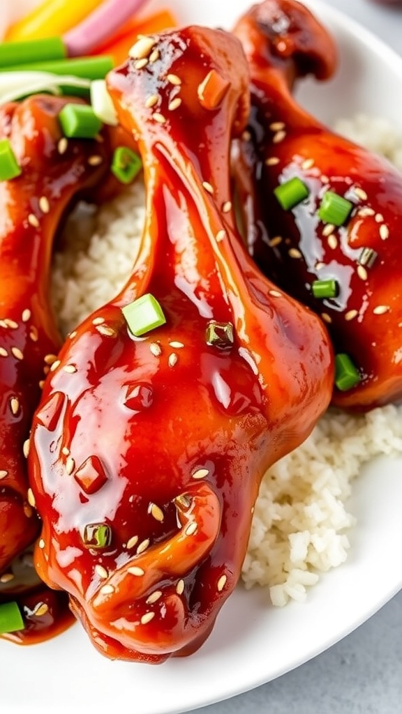 Teriyaki chicken drumsticks garnished with sesame seeds and green onions, served with rice and vegetables.